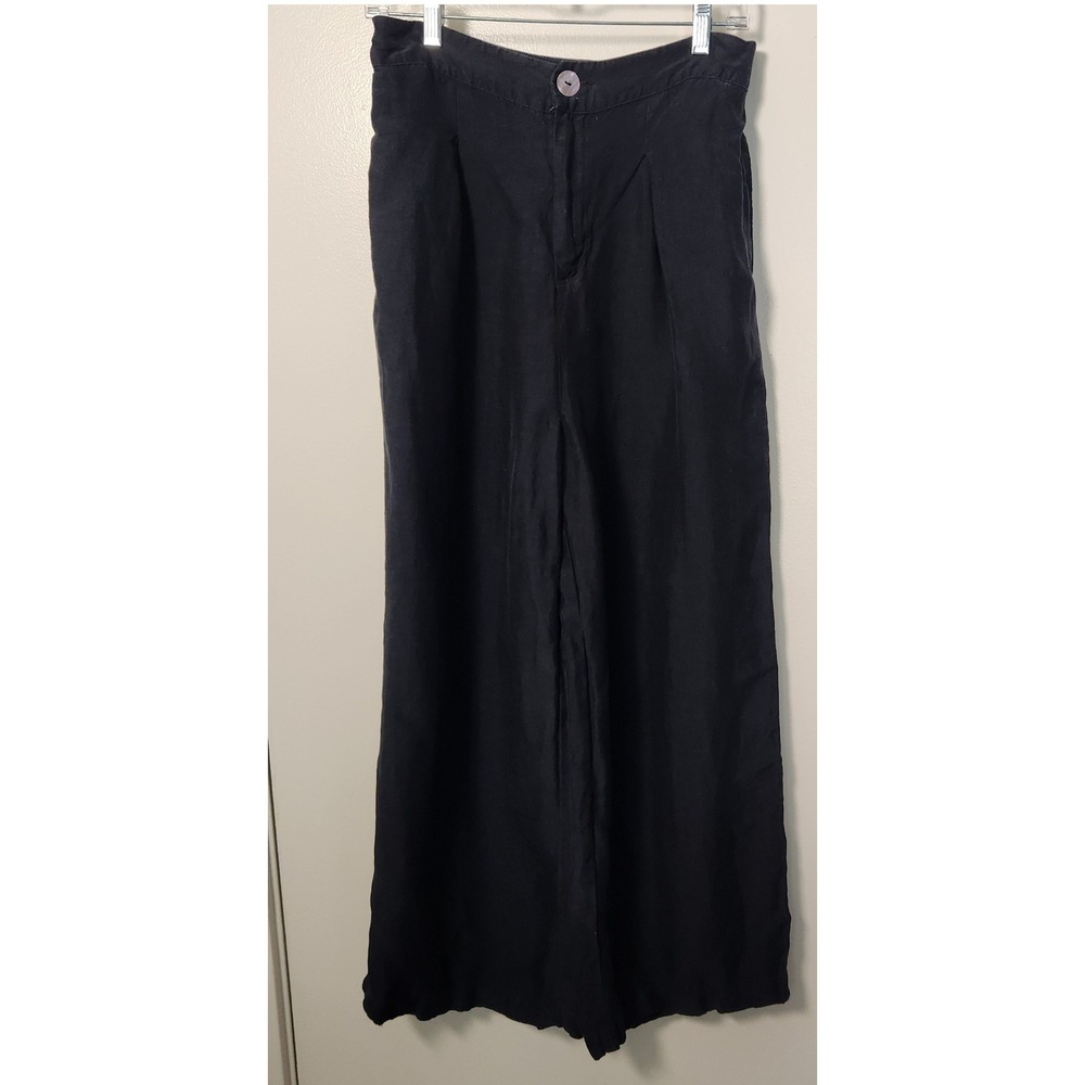 H by Halston Linen‎ Viscose Pleated Straight Leg Pants Sz 10 Black Pockets